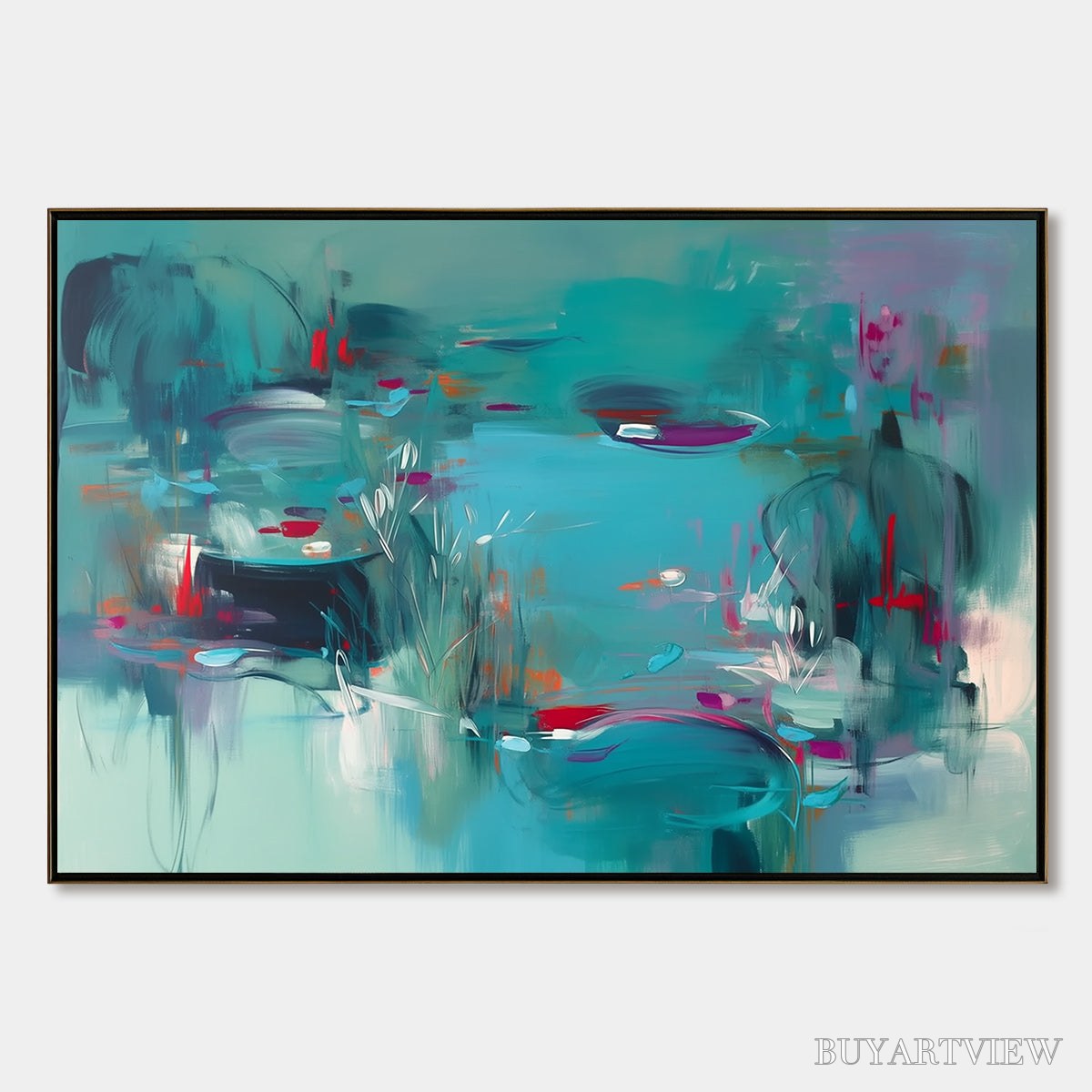 ARTOVITAS Lilac Reverie – Modern Abstract Waterscape Painting in Teal and Red - image 1