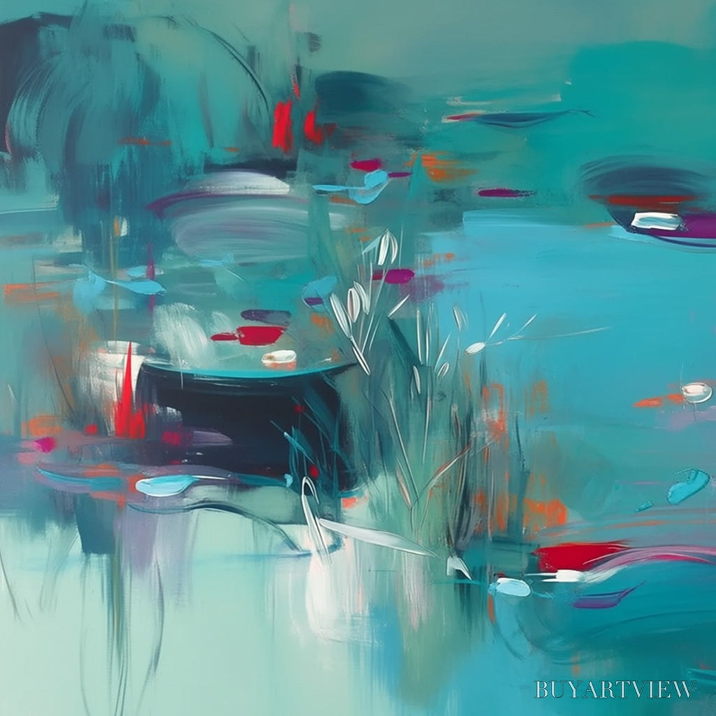 ARTOVITAS Lilac Reverie – Modern Abstract Waterscape Painting in Teal and Red - image 3