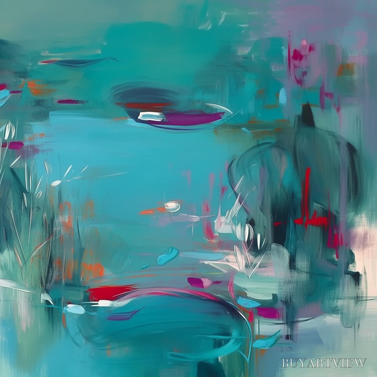 ARTOVITAS Lilac Reverie – Modern Abstract Waterscape Painting in Teal and Red - image 5