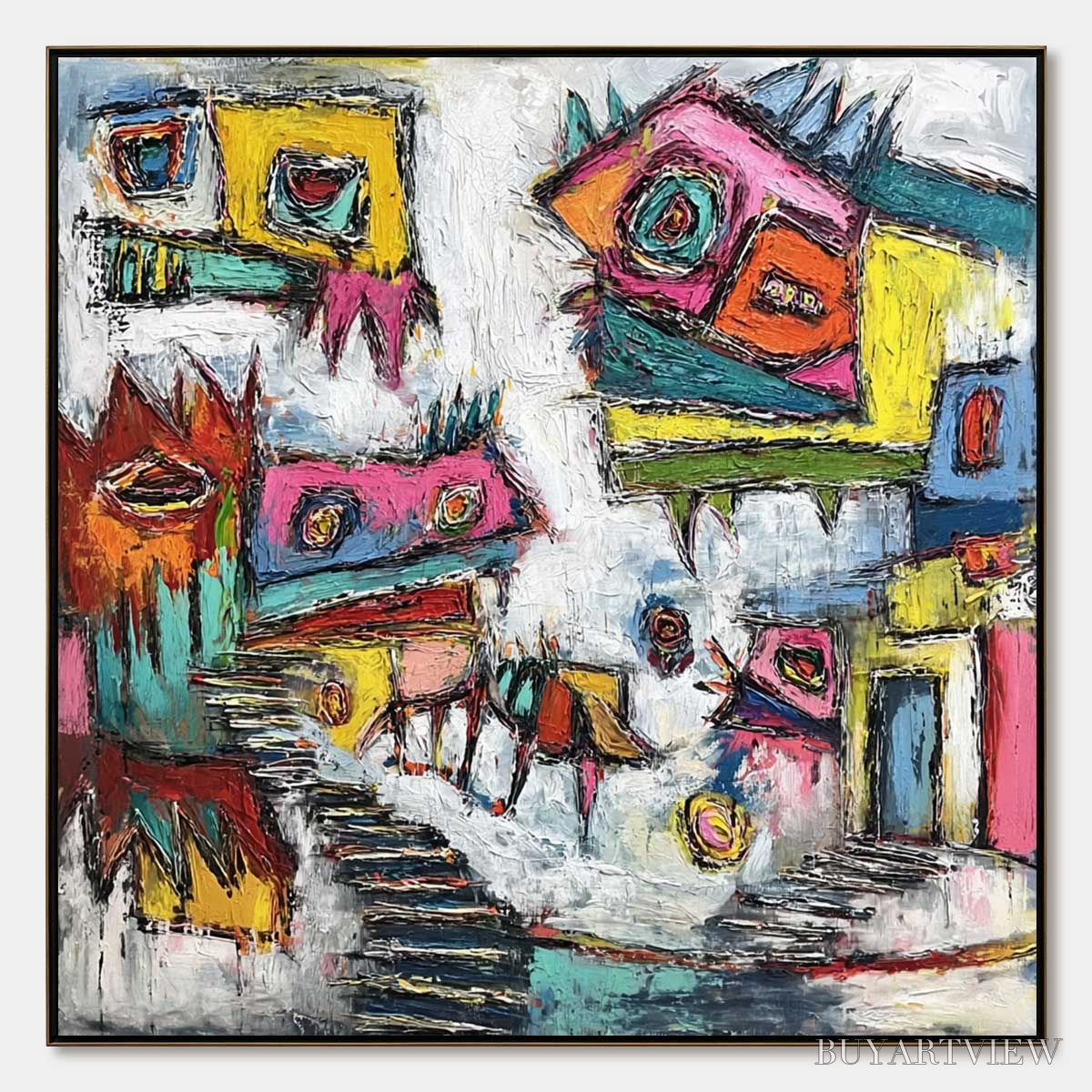 ARTOVITAS Chromatic Riot – Large Colorful Textured Abstract Cityscape Painting - image 1