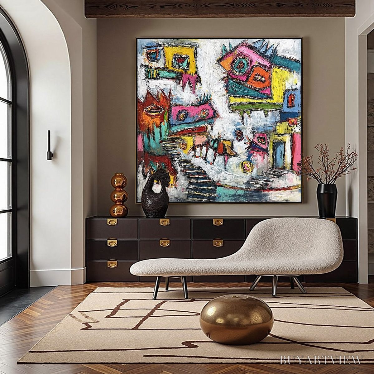 ARTOVITAS Chromatic Riot – Large Colorful Textured Abstract Cityscape Painting - image 2