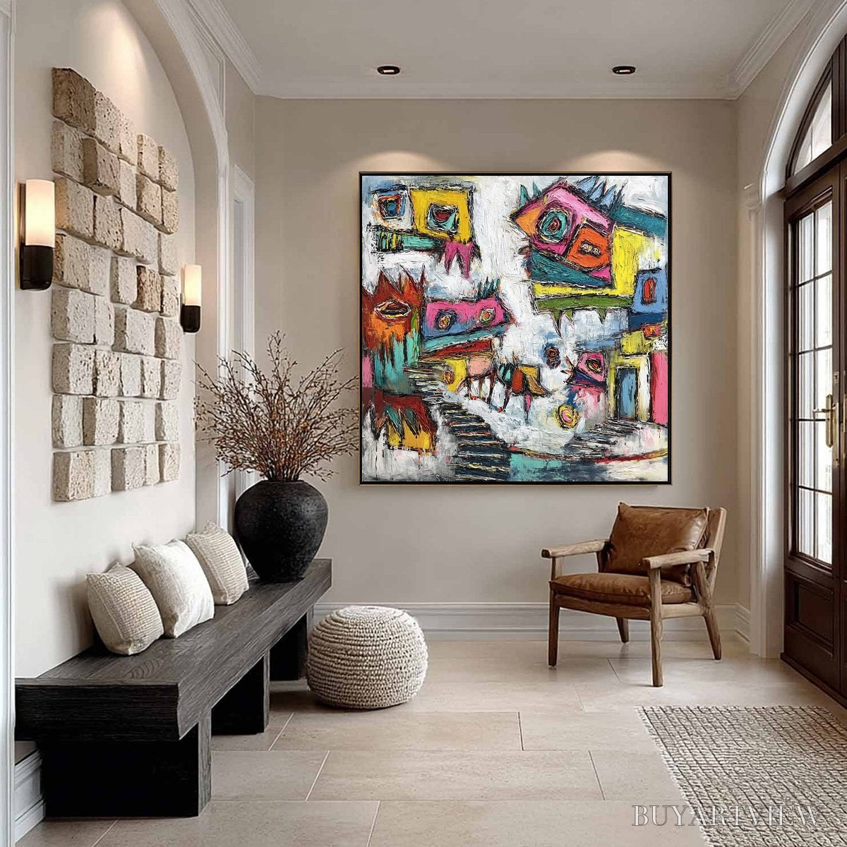 ARTOVITAS Chromatic Riot – Large Colorful Textured Abstract Cityscape Painting - image 4