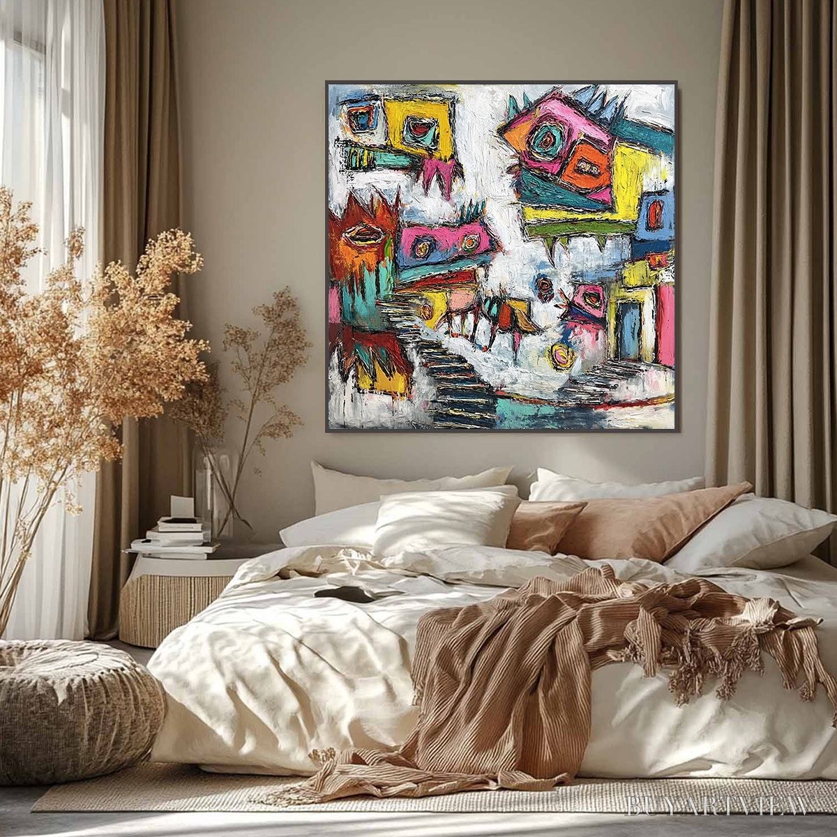 ARTOVITAS Chromatic Riot – Large Colorful Textured Abstract Cityscape Painting - image 6