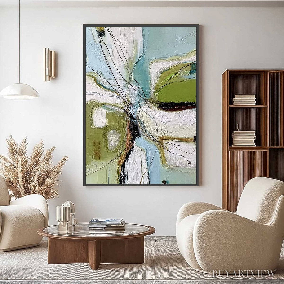 ARTOVITAS Verdant Nexus – Textured Abstract Painting with Green and Blue Hues - image 2