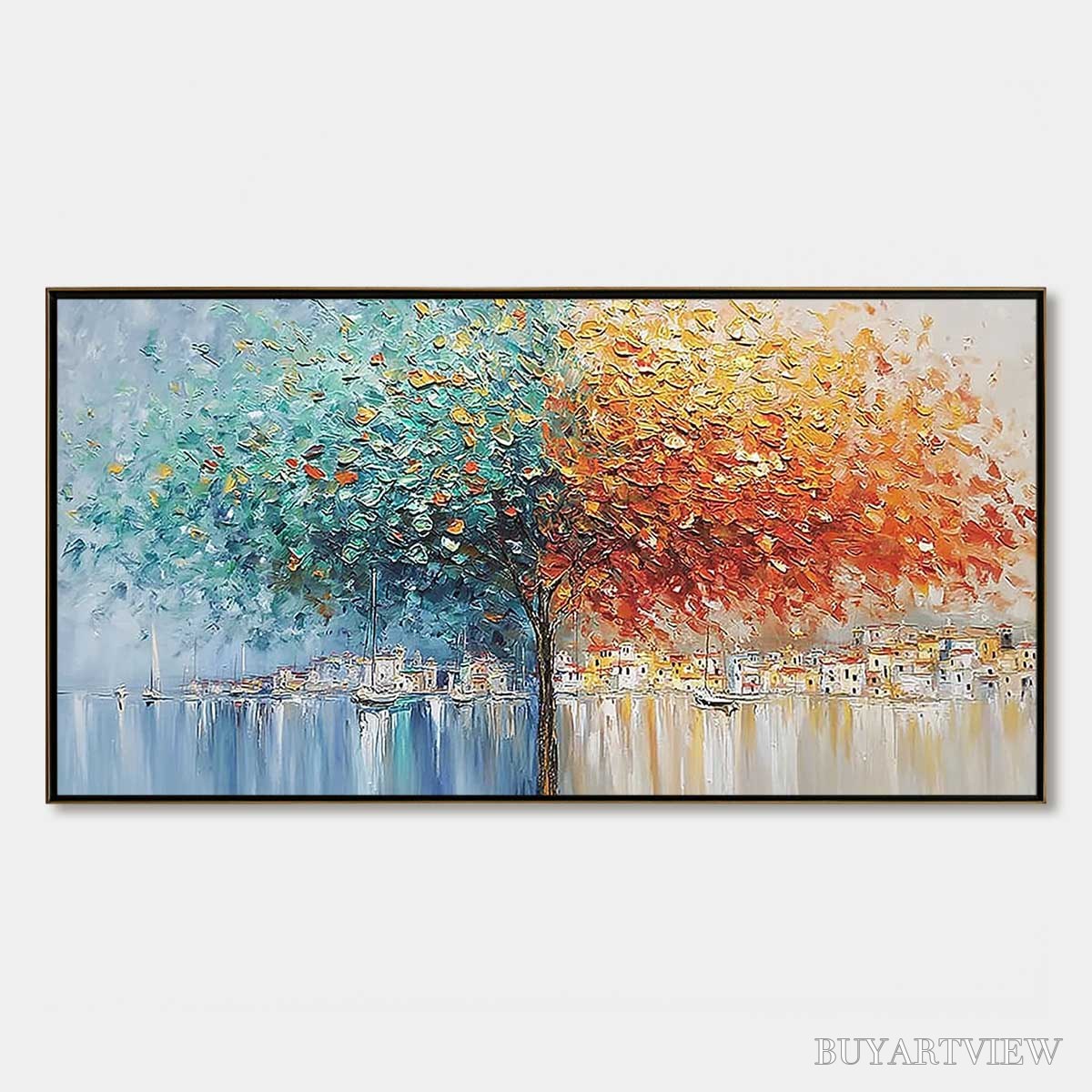 ARTOVITAS Harbor of Hues – Textured Palette Knife Painting of a Coastal Town - image 1