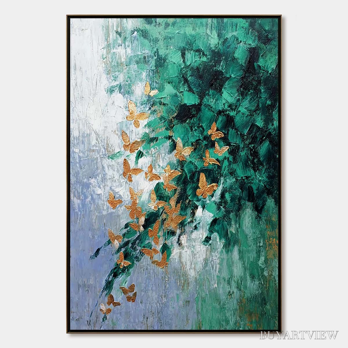 ARTOVITAS Emerald Flutter – Textured Abstract Butterfly Painting with Golden Accents - image 1