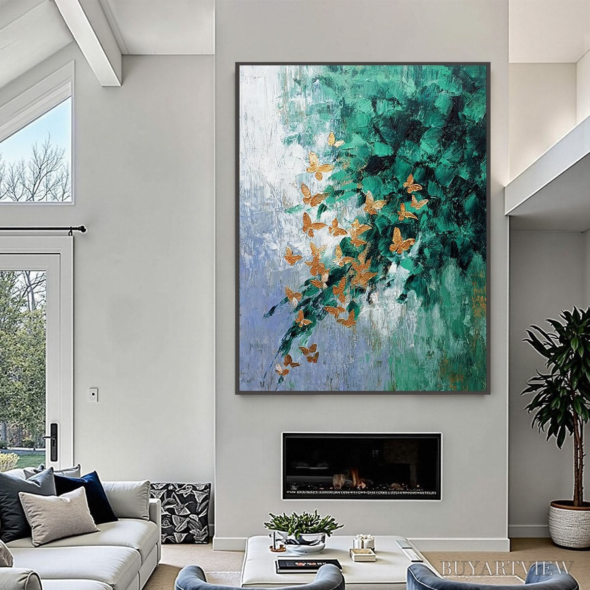 ARTOVITAS Emerald Flutter – Textured Abstract Butterfly Painting with Golden Accents - image 2