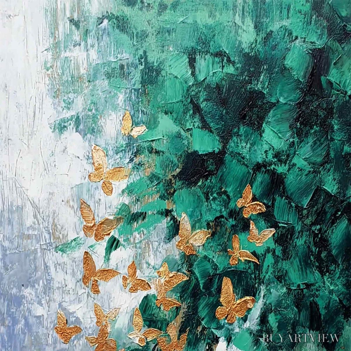 ARTOVITAS Emerald Flutter – Textured Abstract Butterfly Painting with Golden Accents - image 3