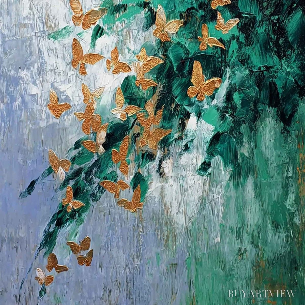 ARTOVITAS Emerald Flutter – Textured Abstract Butterfly Painting with Golden Accents - image 5