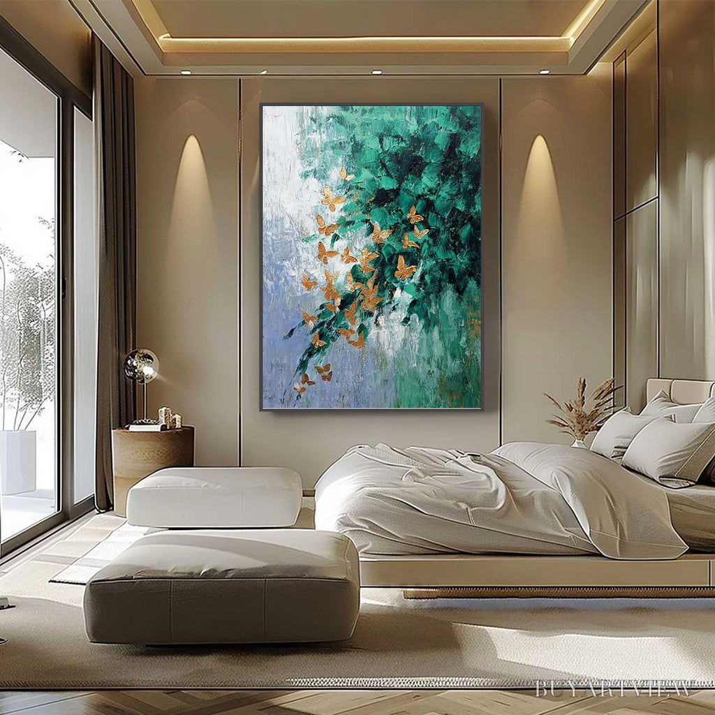 ARTOVITAS Emerald Flutter – Textured Abstract Butterfly Painting with Golden Accents - image 6