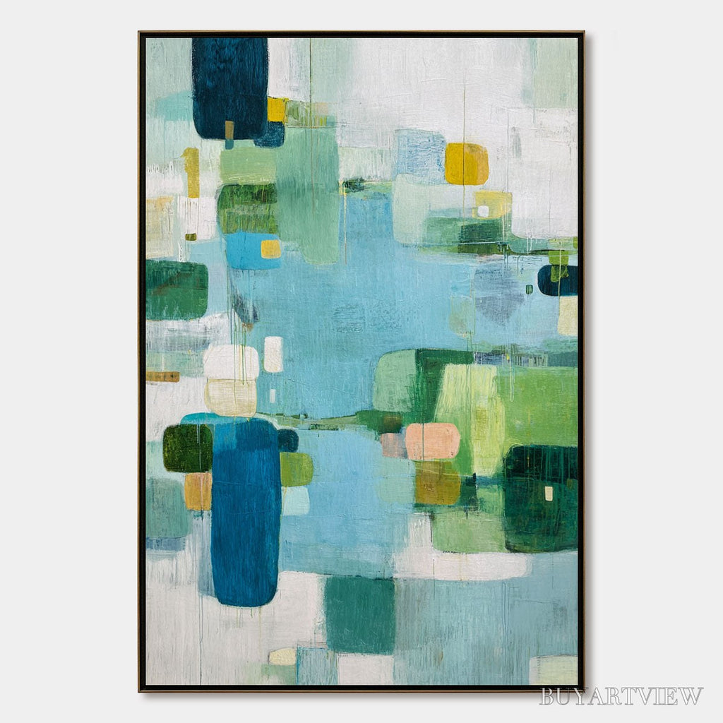 ARTOVITAS Verdant Mosaic – Vertical Modern Blue and Green Abstract Painting - image 1