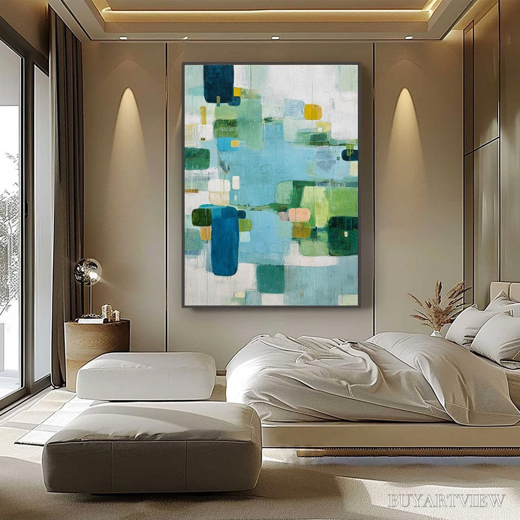 ARTOVITAS Verdant Mosaic – Vertical Modern Blue and Green Abstract Painting - image 2