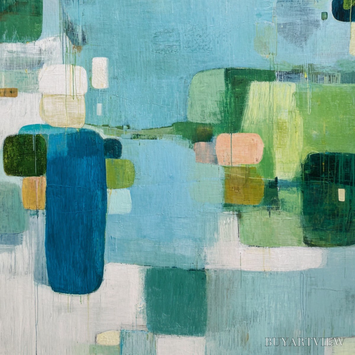 ARTOVITAS Verdant Mosaic – Vertical Modern Blue and Green Abstract Painting - image 3