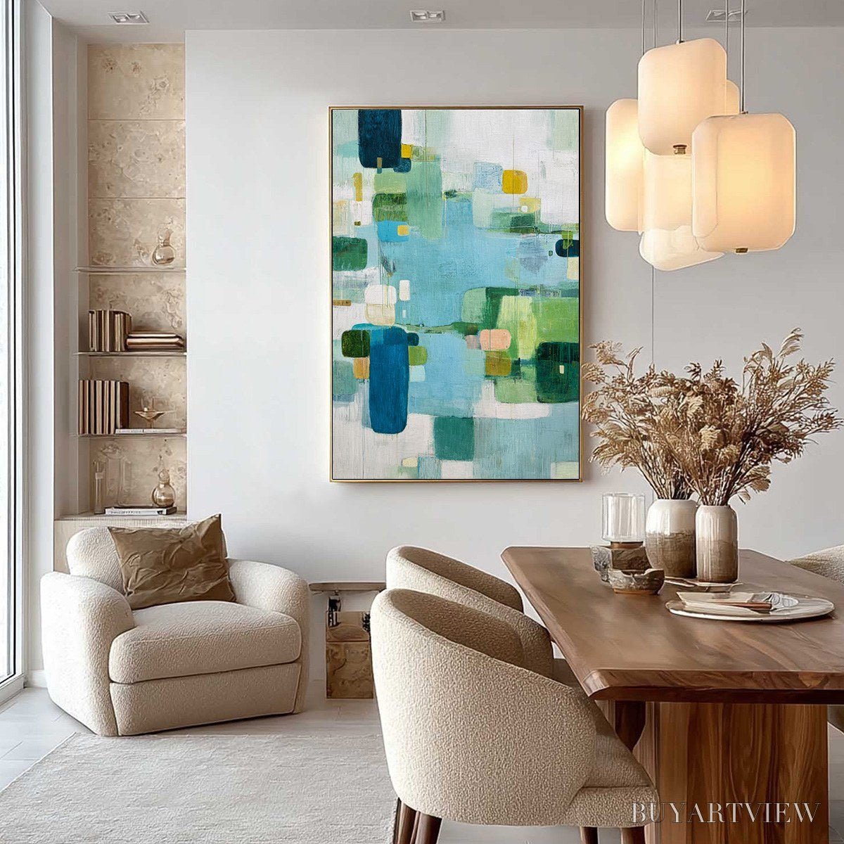 ARTOVITAS Verdant Mosaic – Vertical Modern Blue and Green Abstract Painting - image 4