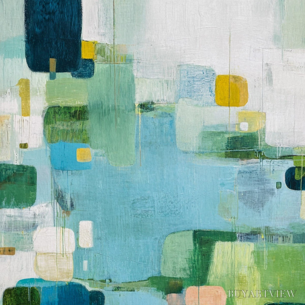 ARTOVITAS Verdant Mosaic – Vertical Modern Blue and Green Abstract Painting - image 5