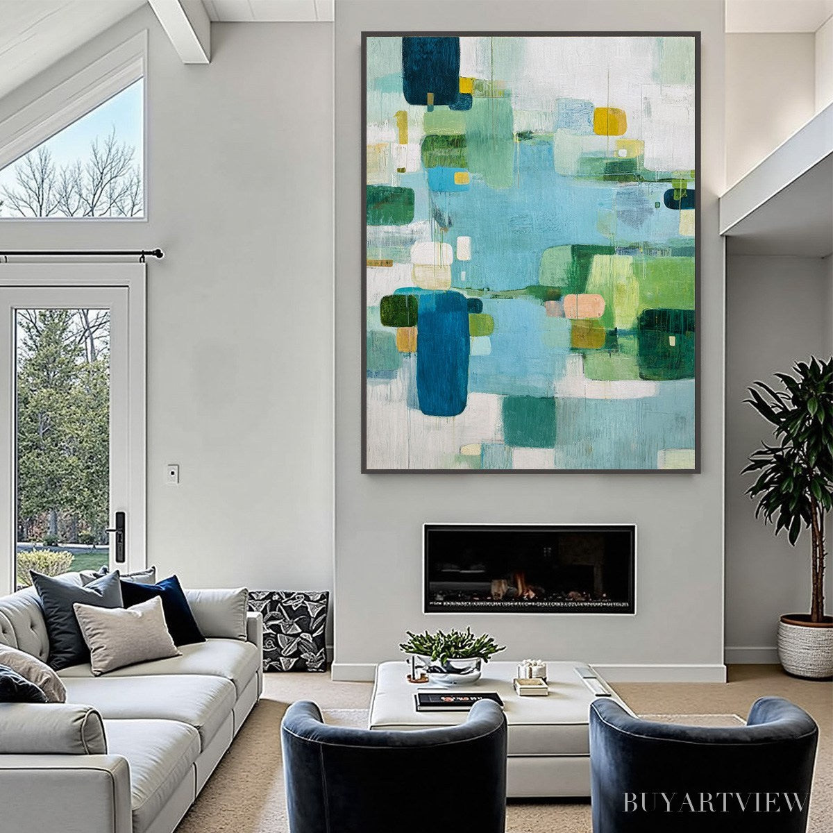 ARTOVITAS Verdant Mosaic – Vertical Modern Blue and Green Abstract Painting - image 6