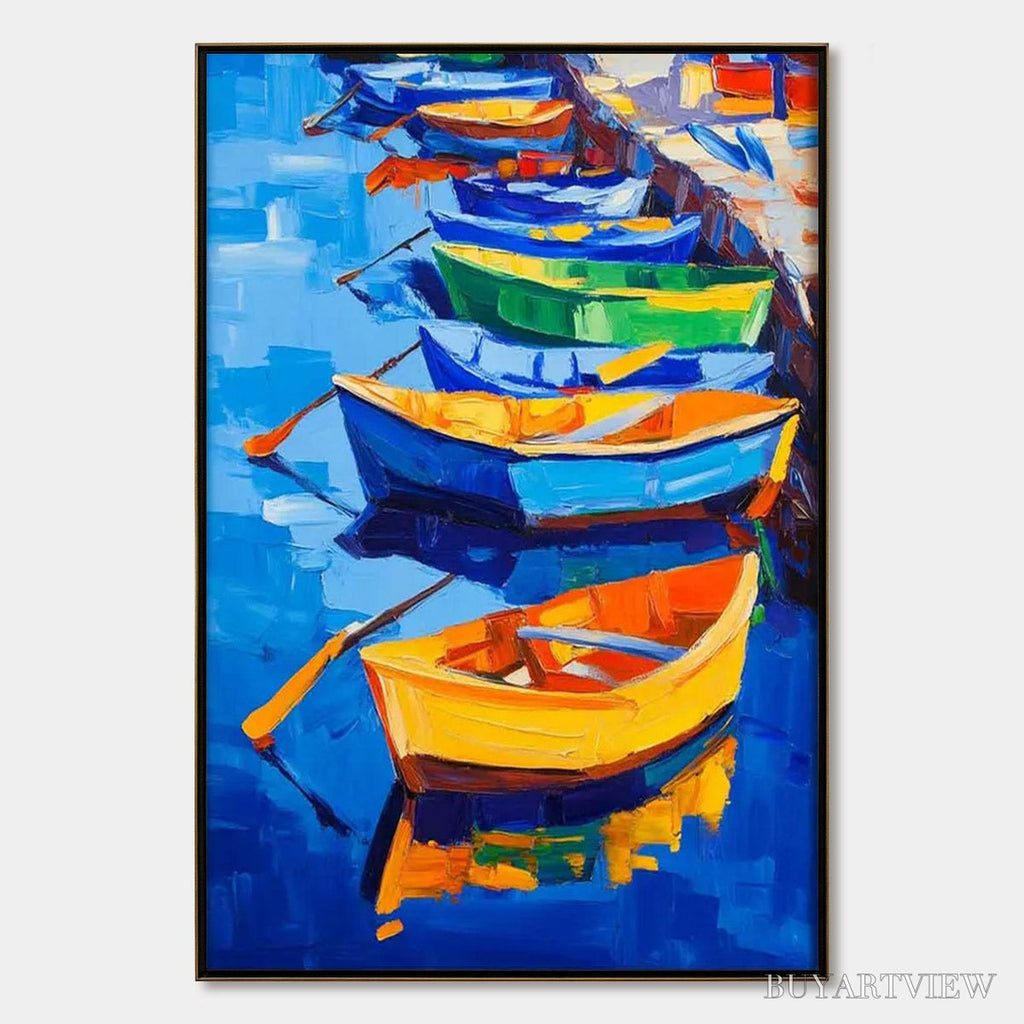 ARTOVITAS Rainbow Harbor – Vibrant Impasto Boatscape Oil Painting - image 1