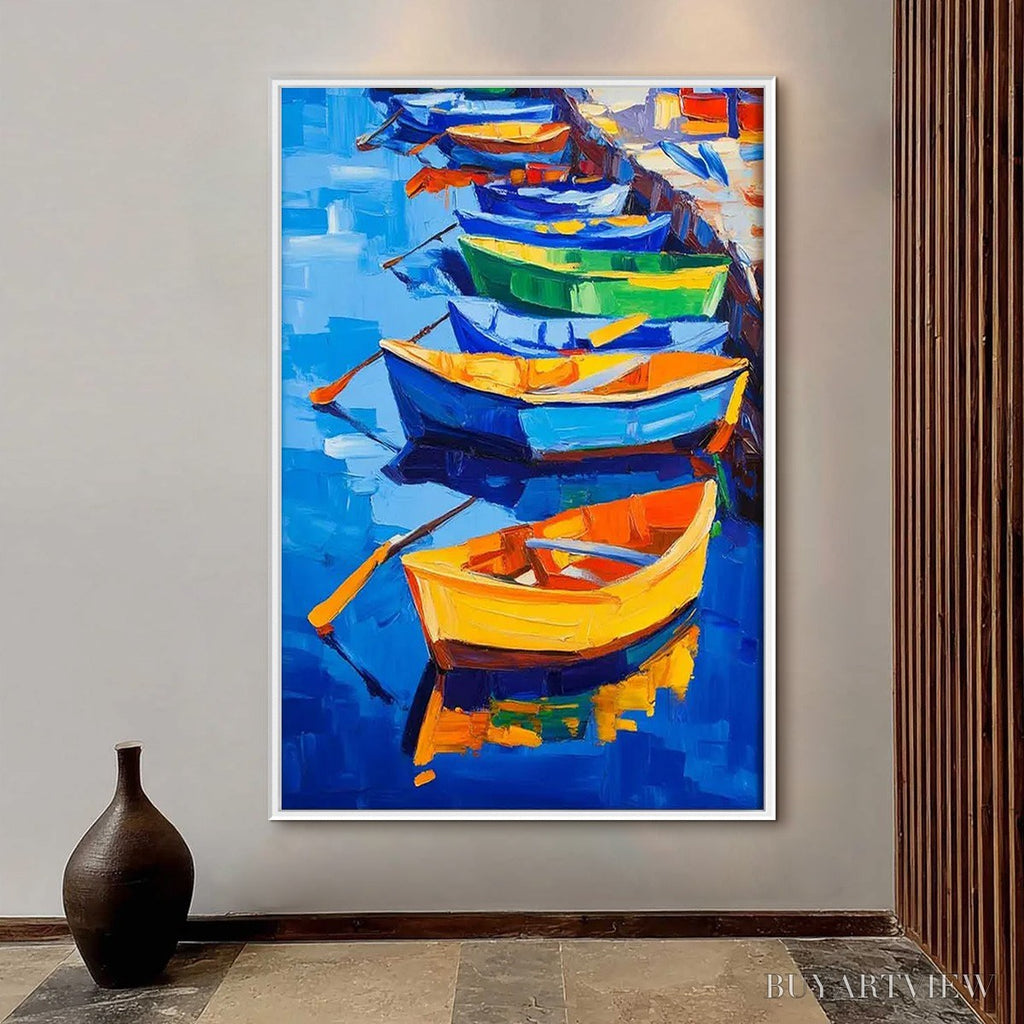 ARTOVITAS Rainbow Harbor – Vibrant Impasto Boatscape Oil Painting - image 2