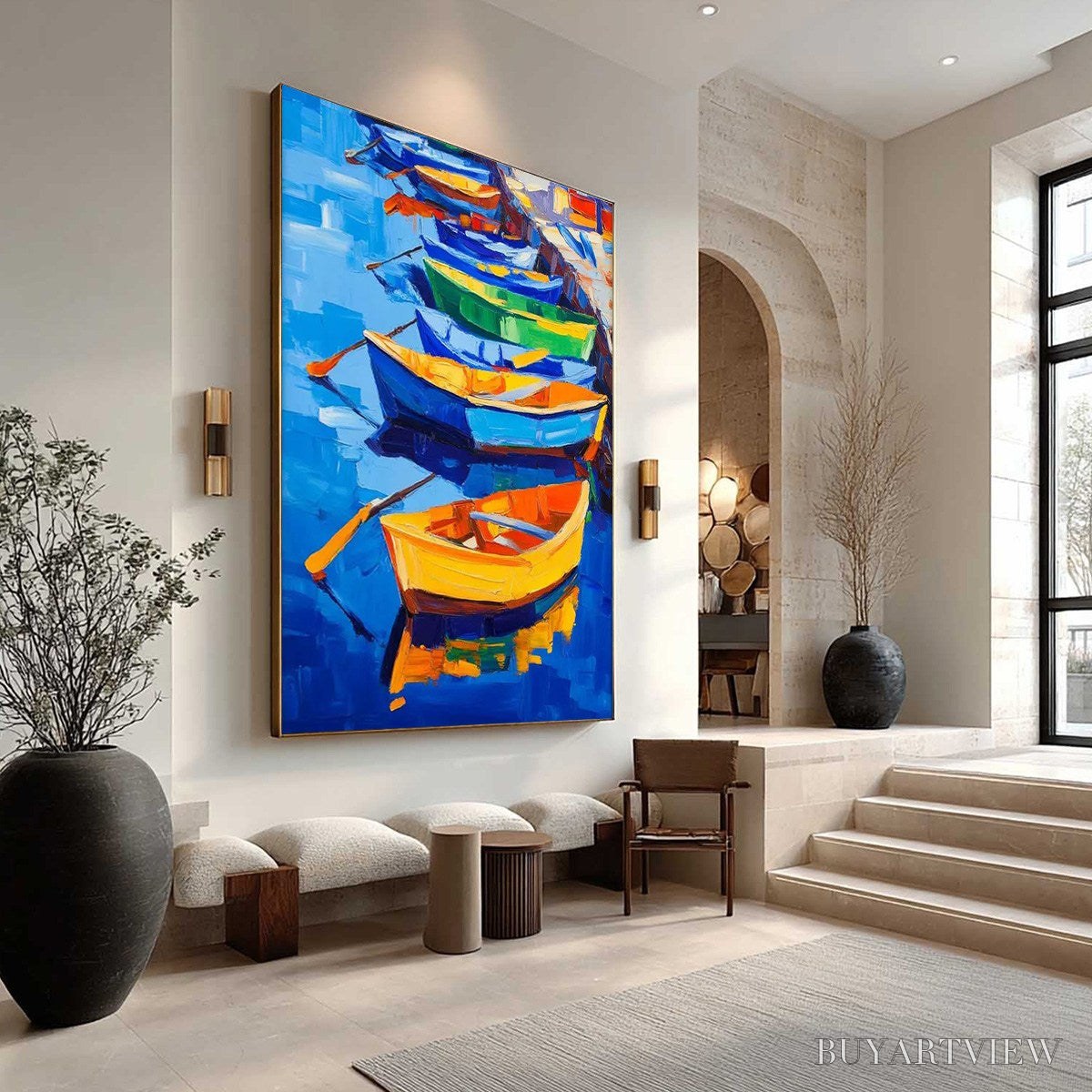 ARTOVITAS Rainbow Harbor – Vibrant Impasto Boatscape Oil Painting - image 4