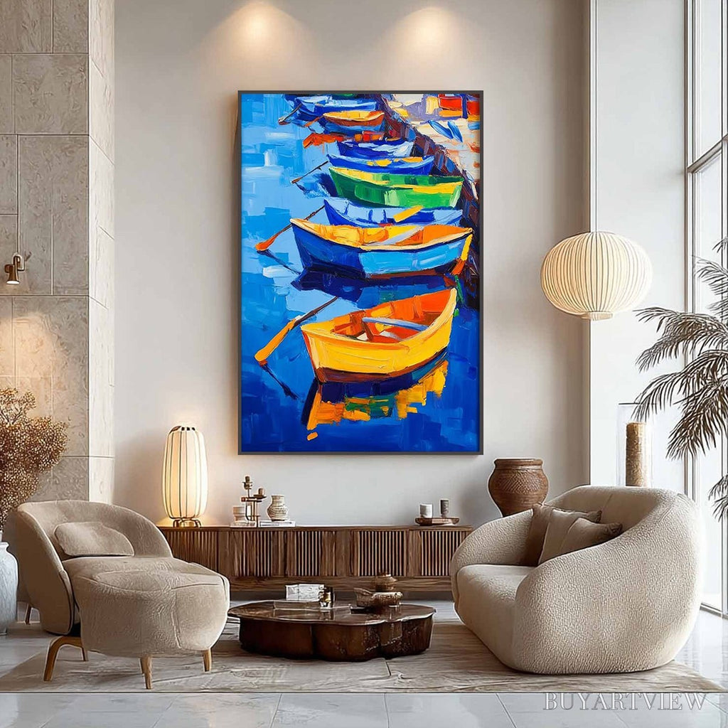 ARTOVITAS Rainbow Harbor – Vibrant Impasto Boatscape Oil Painting - image 5