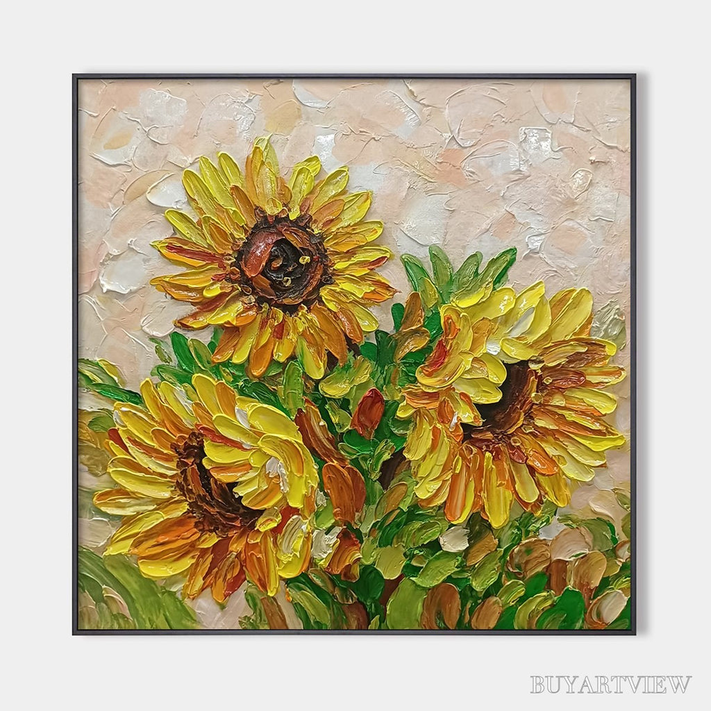 ARTOVITAS Golden Trio – Impasto Sunflower Oil Painting in Vibrant Yellows - image 1