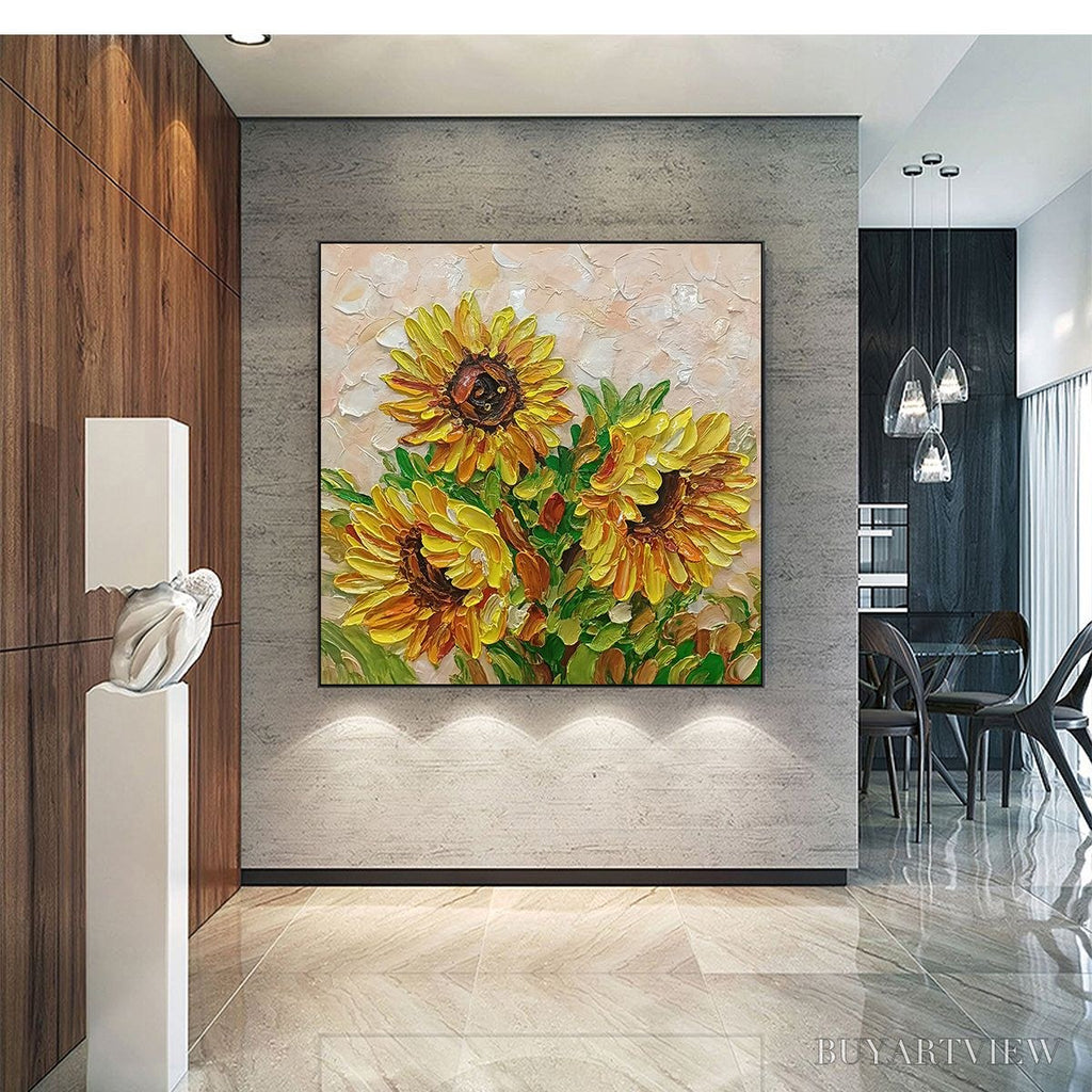 ARTOVITAS Golden Trio – Impasto Sunflower Oil Painting in Vibrant Yellows - image 2