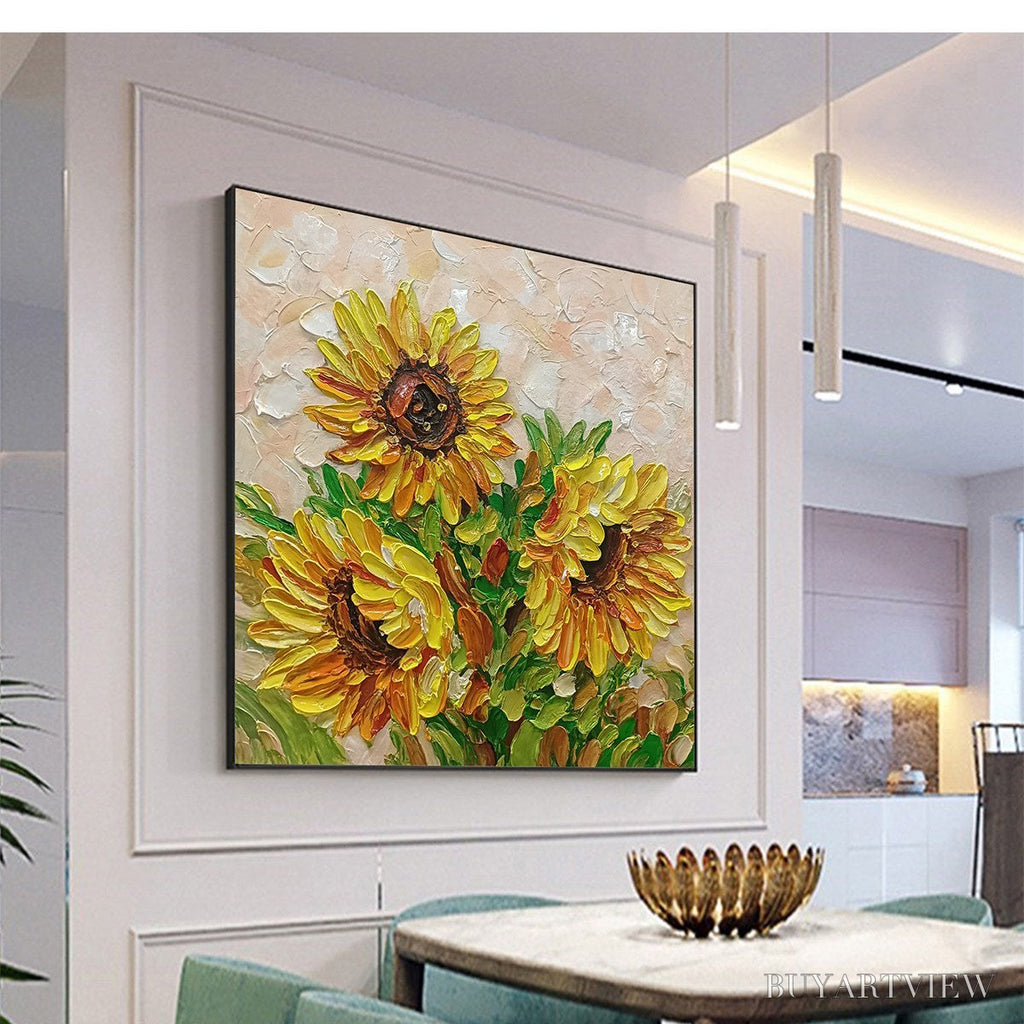 ARTOVITAS Golden Trio – Impasto Sunflower Oil Painting in Vibrant Yellows - image 4