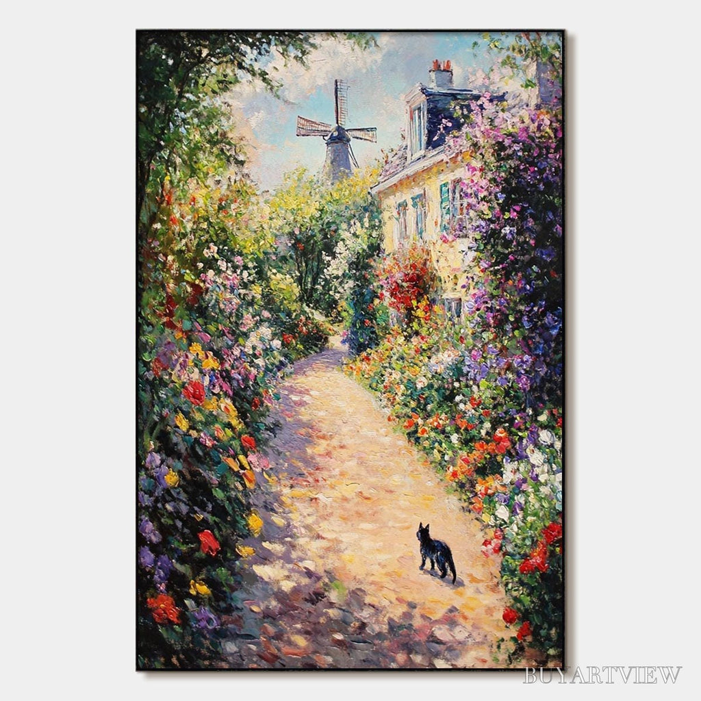 ARTOVITAS Windmill Way – Charming Village Garden Path Oil Painting - image 1
