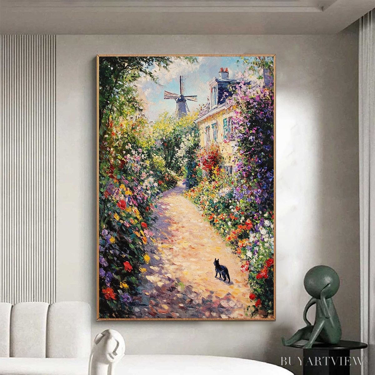 ARTOVITAS Windmill Way – Charming Village Garden Path Oil Painting - image 2