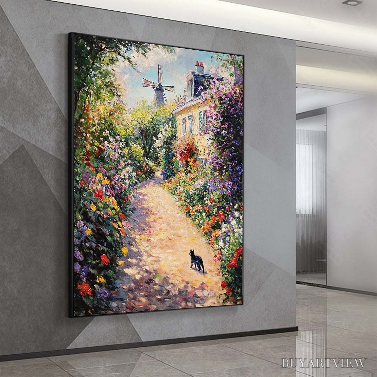 ARTOVITAS Windmill Way – Charming Village Garden Path Oil Painting - image 4