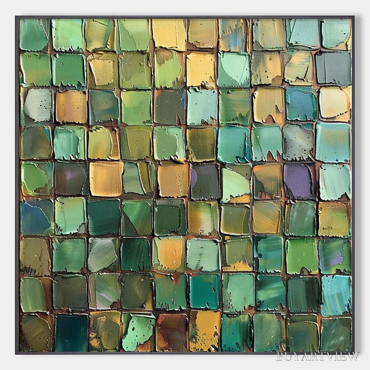 ARTOVITAS Emerald Mosaic – Textured Abstract Green and Gold Oil Painting - image 1