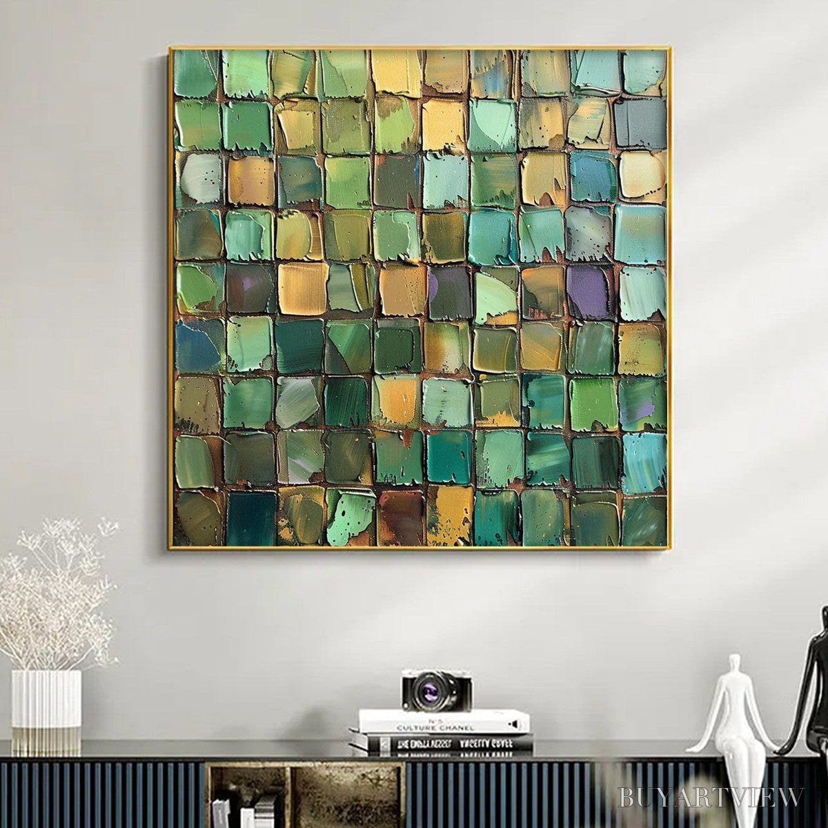 ARTOVITAS Emerald Mosaic – Textured Abstract Green and Gold Oil Painting - image 2