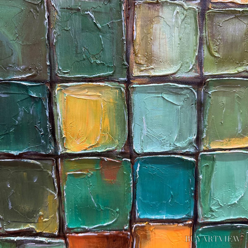 ARTOVITAS Emerald Mosaic – Textured Abstract Green and Gold Oil Painting - image 3
