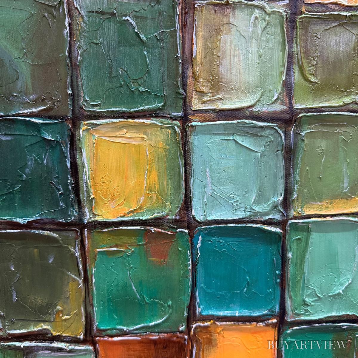 ARTOVITAS Emerald Mosaic – Textured Abstract Green and Gold Oil Painting - image 3