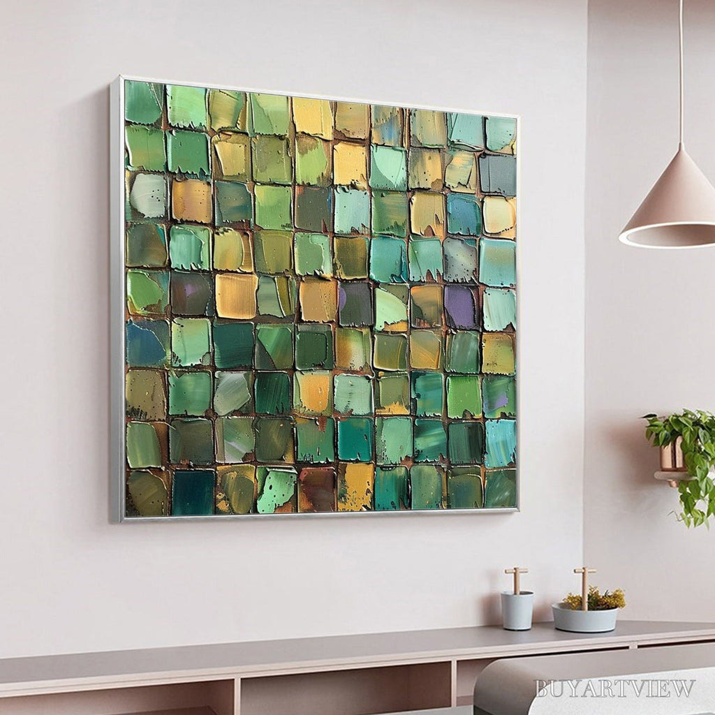ARTOVITAS Emerald Mosaic – Textured Abstract Green and Gold Oil Painting - image 4
