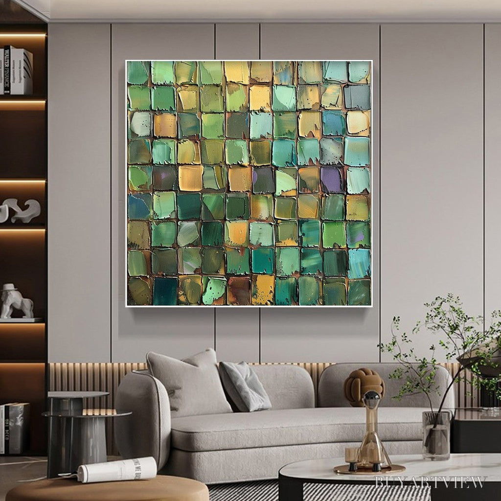 ARTOVITAS Emerald Mosaic – Textured Abstract Green and Gold Oil Painting - image 5