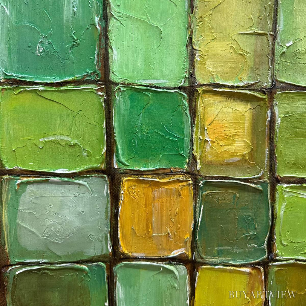 ARTOVITAS Emerald Mosaic – Textured Abstract Green and Gold Oil Painting - image 6