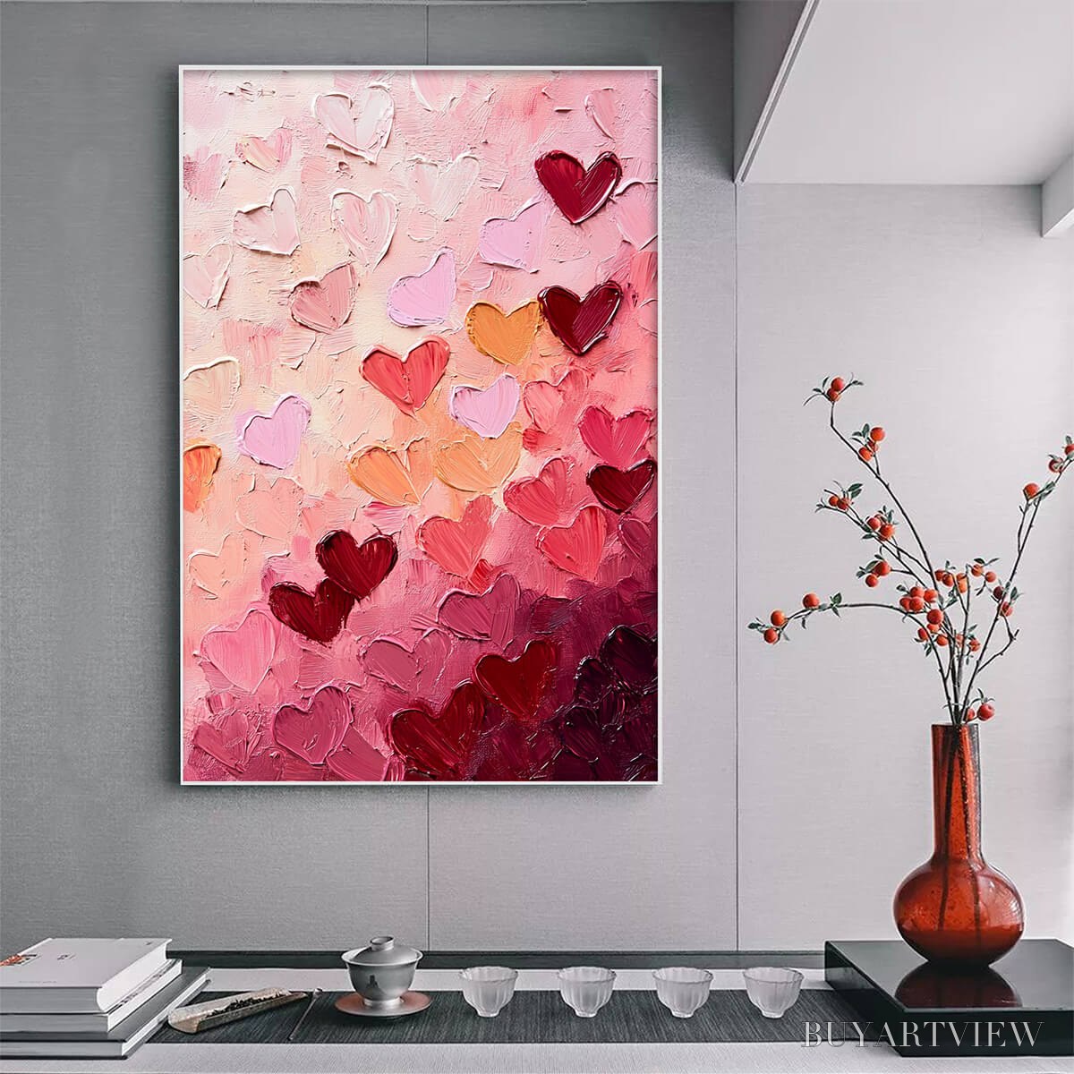 ARTOVITAS Heartscape – Textured Impasto Abstract Oil Painting in Pink and Red - image 2