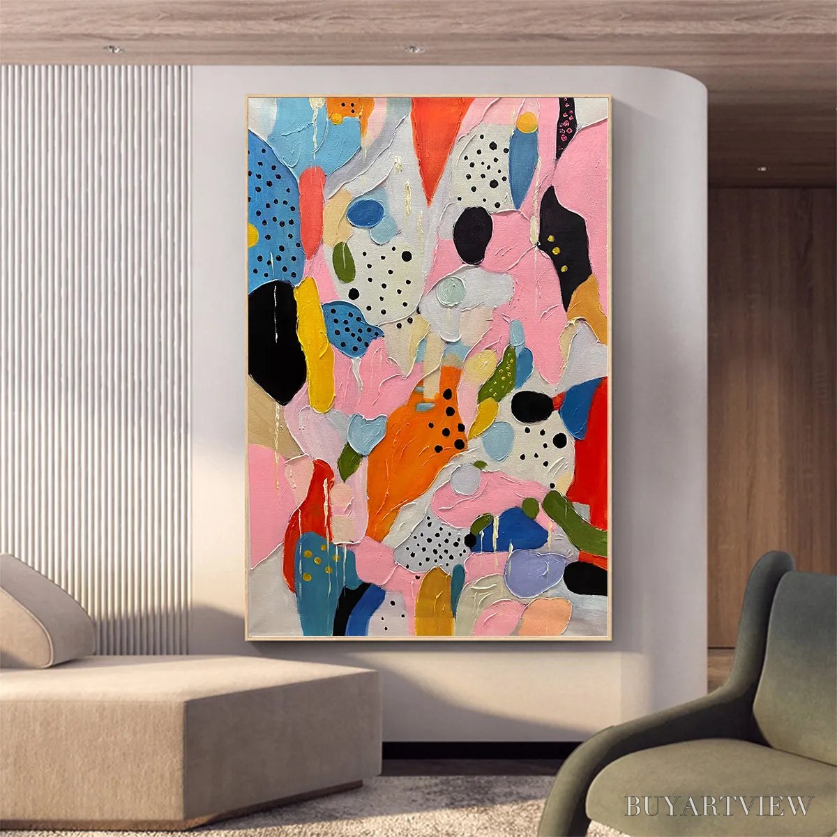 ARTOVITAS Confetti Dreams – Vertical Abstract Painting in Vibrant Pink and Multicolor - image 2