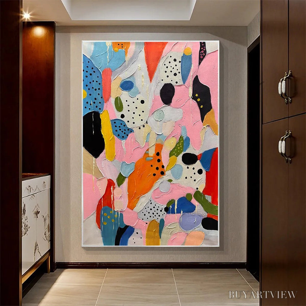 ARTOVITAS Confetti Dreams – Vertical Abstract Painting in Vibrant Pink and Multicolor - image 6