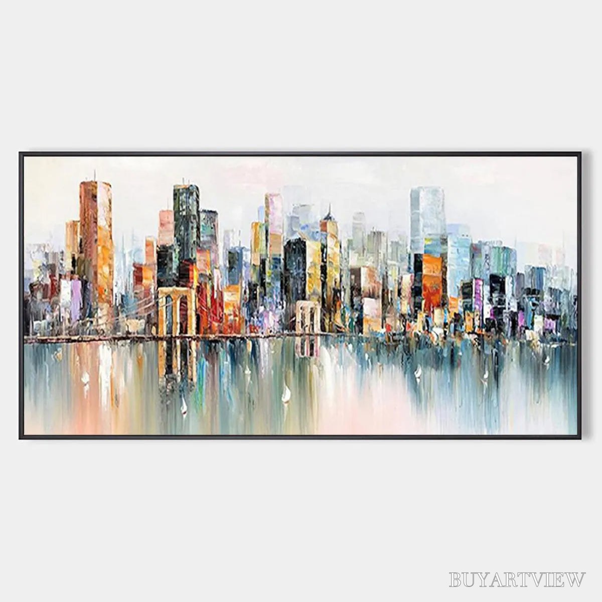 ARTOVITAS Metropolitan Reflections – Panoramic Cityscape Oil Painting - image 1