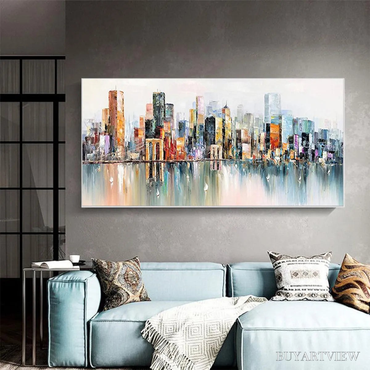 ARTOVITAS Metropolitan Reflections – Panoramic Cityscape Oil Painting - image 2