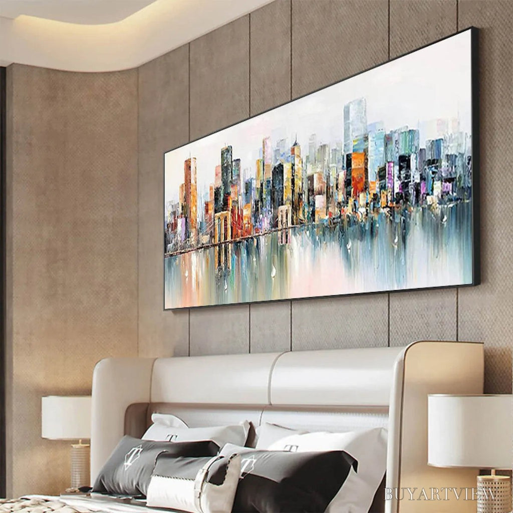 ARTOVITAS Metropolitan Reflections – Panoramic Cityscape Oil Painting - image 4