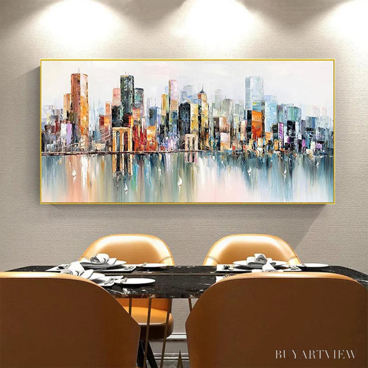 ARTOVITAS Metropolitan Reflections – Panoramic Cityscape Oil Painting - image 6
