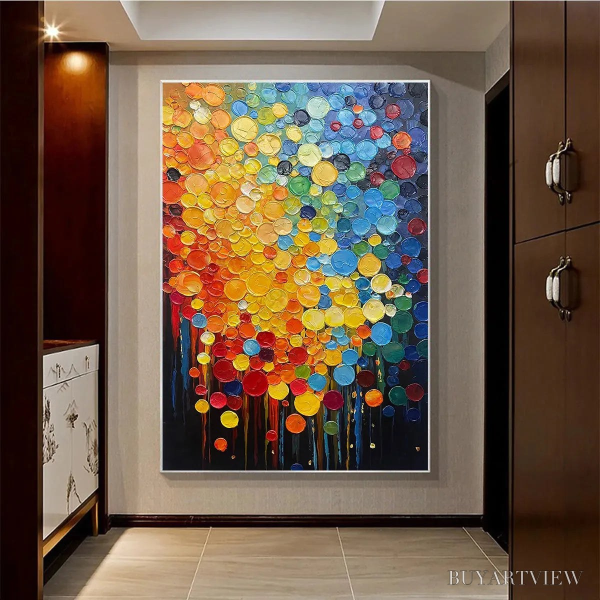 ARTOVITAS Rainbow Drops – Vertical Abstract Painting with Colorful Circles, Textured Impasto, Modern - image 2
