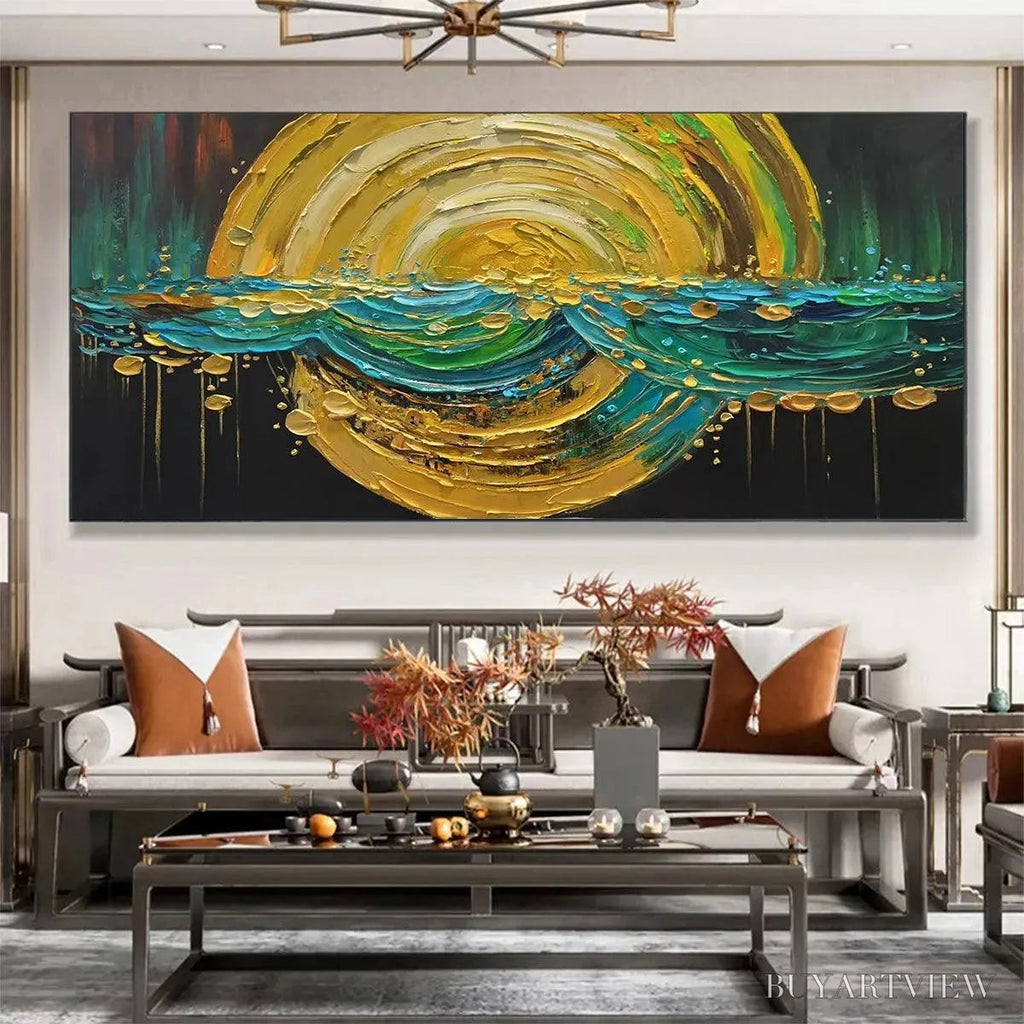 ARTOVITAS Abstract Sunburst Oil Painting - Gold and Green Art - image 2