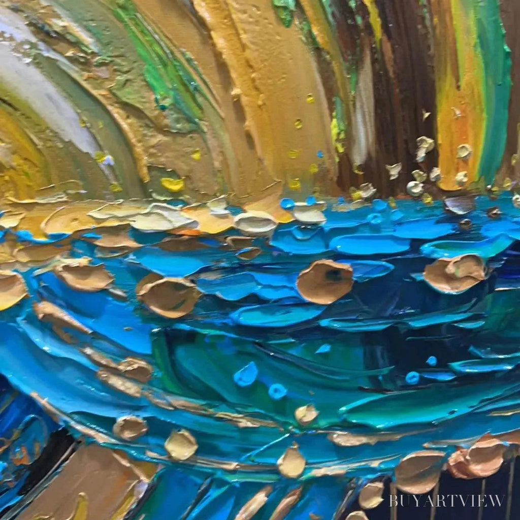 ARTOVITAS Abstract Sunburst Oil Painting - Gold and Green Art - image 3