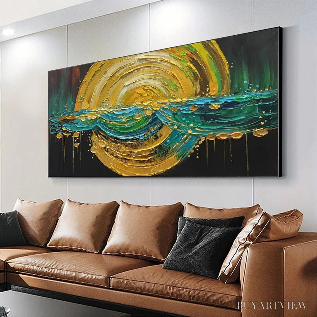 ARTOVITAS Abstract Sunburst Oil Painting - Gold and Green Art - image 4