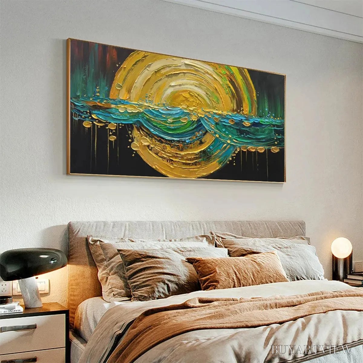 ARTOVITAS Abstract Sunburst Oil Painting - Gold and Green Art - image 5