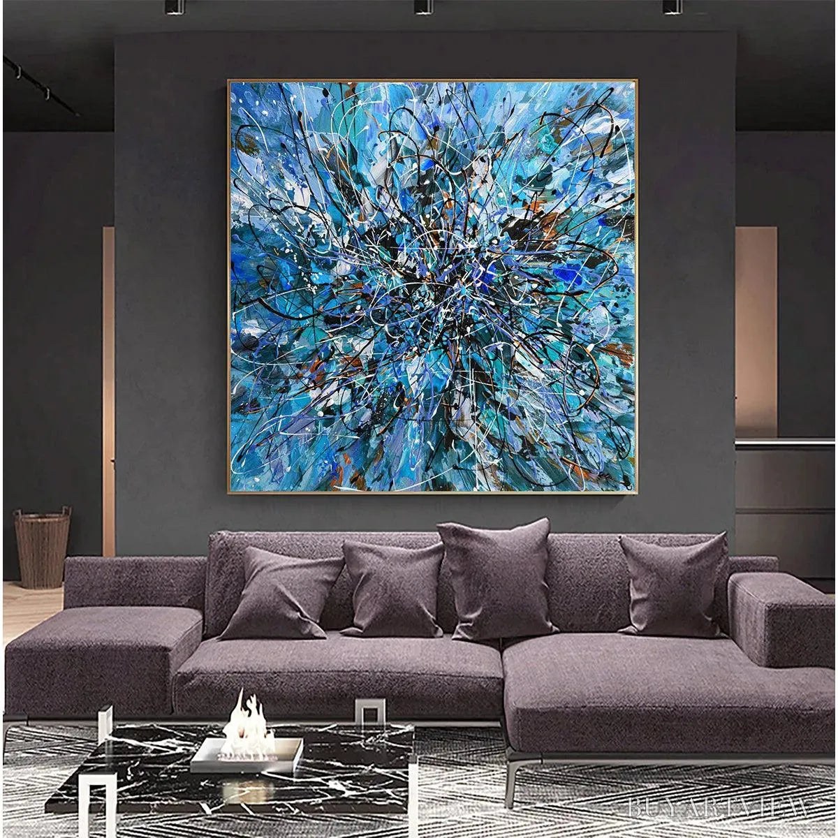 ARTOVITAS Azure Exploration – Abstract Blue and Black Oil Painting - image 2